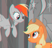 rainbow dash and apple jack looking at each other. rainbow dash is flying.